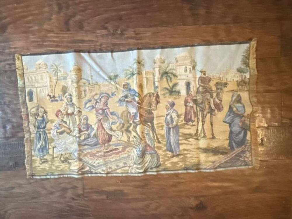 Vintage Woven Tapestry Middle Eastern Market Scene Size 33x18